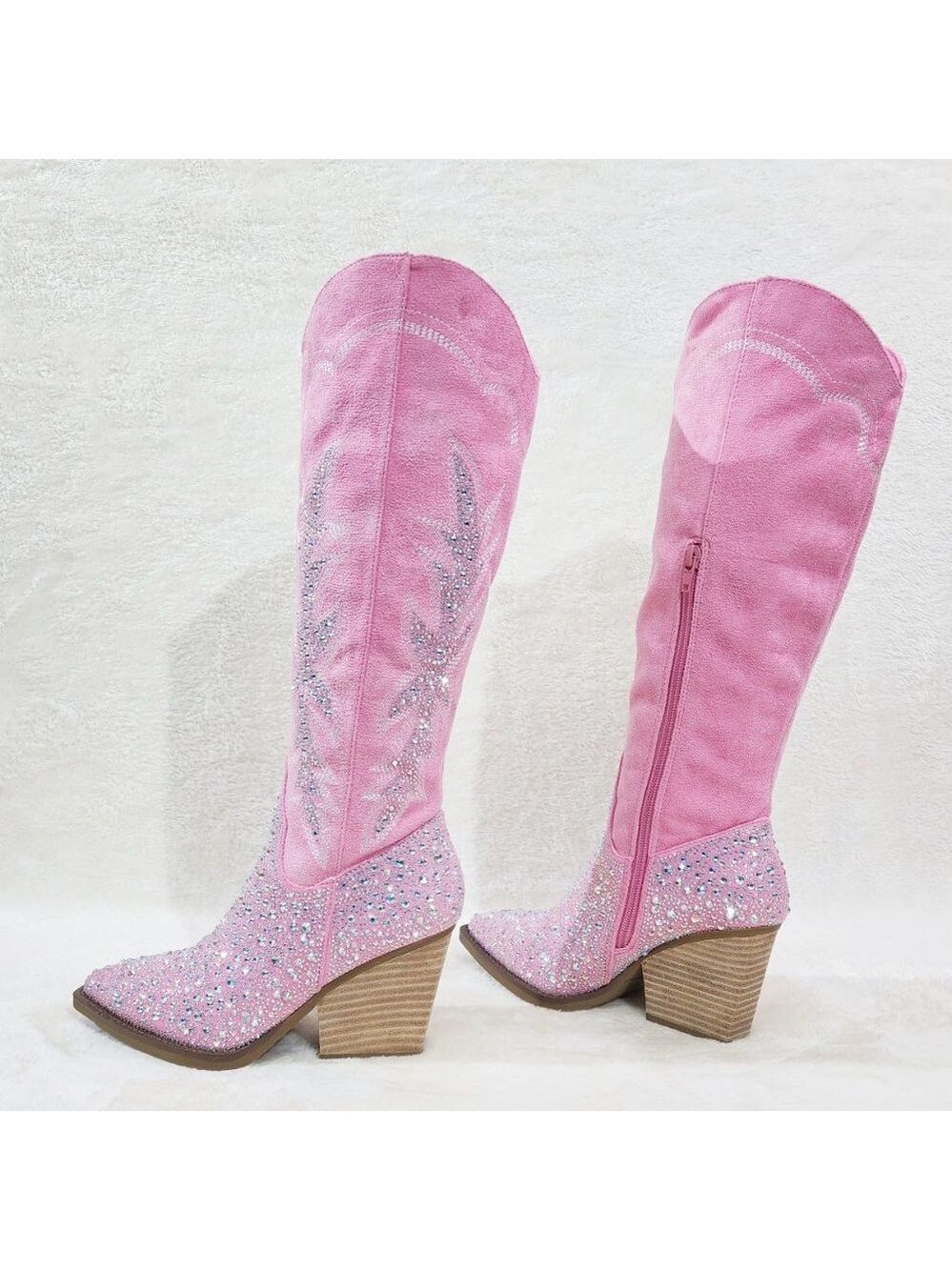 Anniston Baby Pink / Rhinestones Glamour Country Western Cowgirl Knee Boots - Picture 3 of 17